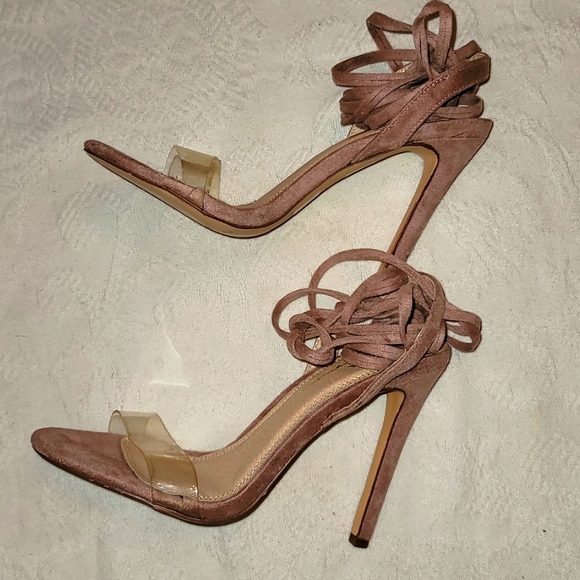 Olivia Ferragamo high heels blush pink ankle tie pumps clear top sz 7.5 - Picture 4 of 7